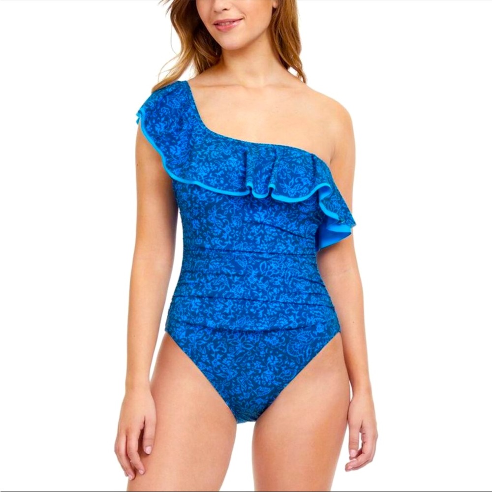 NWT PROFILE BY GOTTEX Petrol Mehndi One Shoulder One-piece Swimsuit